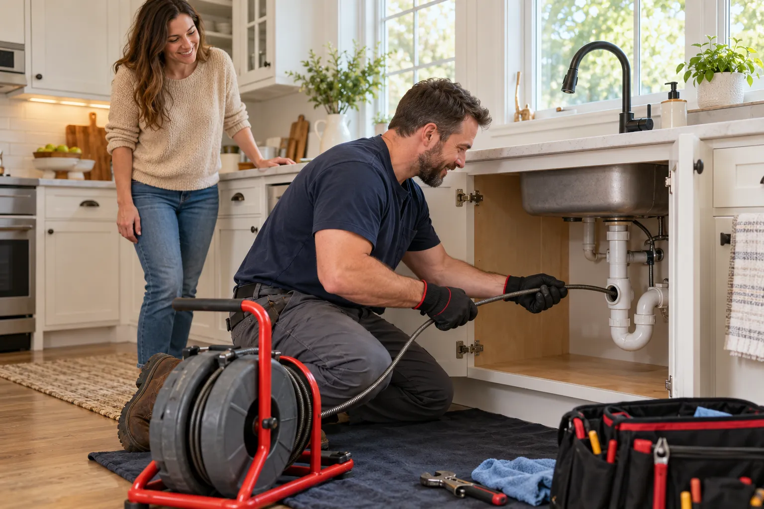 A local provider using a drain snake to clear a kitchen sink for a homeowner in Marlborough