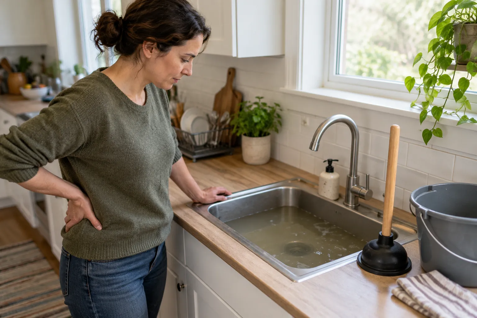 A homeowner looking at a slow kitchen drain in the Marlborough area