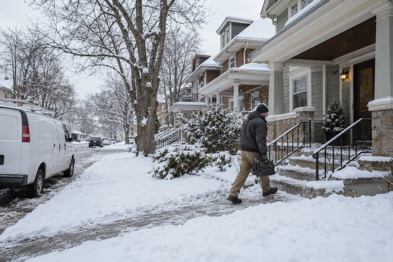 A snowy street of older homes in the Marlborough area